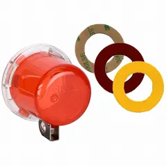 This removable-cover lockout device is used to isolate push-button controls during maintenance, preventing accidental machine startup. It fits push buttons with a maximum diameter of 0.87 inches. The red unit measures 1.953 inches by 2.5 inches by 2.5 inches.