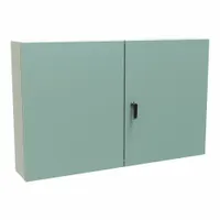 Steel enclosure rated NEMA 12/3R for protection against dust, falling dirt, and dripping non-corrosive liquids. Measures 30 x 48 x 8 inches with a solid hinged cover secured by a keyed handle. No knockouts included. Suitable for indoor or outdoor industrial applications requiring weather resistance