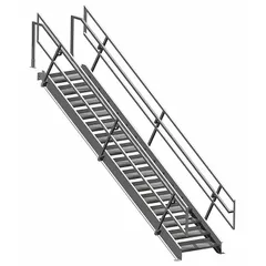 This steel stair unit with gray acrylic enamel finish and closed riser design provides access to elevated platforms, mezzanines, and industrial work areas. Overall dimensions are 144 in x 117 11/16 in x 45 in, with treads measuring 11 1/16 in x 6 7/8 in. Supplied fully assembled.