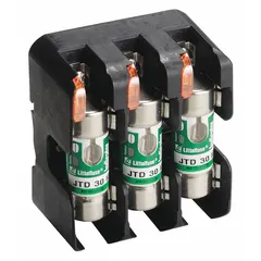Open block design for UL Class J fuses, rated 600 V AC, 3 poles. Pressure plate terminals for secure wiring. Indicating feature provides visual fuse status. Used in industrial power distribution and motor control circuits.
