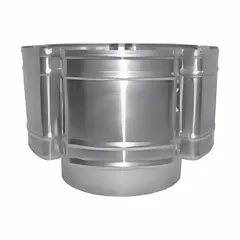 Aluminum rain cap with silver finish for 10-inch round gas vent ductwork. Press-fit connection. Prevents rain and debris entry while allowing exhaust gas escape. No screen or backdraft damper included.