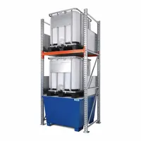 Heavy-duty IBC tote storage rack with integrated sump for secondary spill containment. Supports up to 10,000 lb and holds 385 gallons of spillage. Suitable for industrial facilities requiring safe elevated storage of intermediate bulk containers