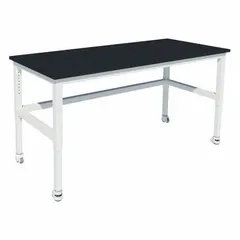 This adjustable-height lab table features an epoxy surface and a vibration-isolating locking swivel. Overall dimensions: 6 ft length, 30 in width, 36 in height. Load capacity: 2000 lb. Height adjustable from 30 in to 36 in. Suitable for laboratory, testing, and clean room environments requiring heavy-duty support.