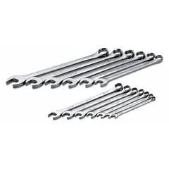 This 13-piece SAE 6-point combination wrench set is constructed from alloy steel with a chrome finish. Each wrench features a 15° head offset angle to improve access in confined spaces. The set is supplied with a storage rack for organization. Suitable for tightening and loosening fasteners in automotive, industrial, and mechanical applications.