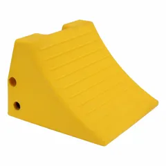 Urethane wheel chock for securing commercial and small vehicles in mining and industrial environments. Overall height 11 in, overall length 14 1/2 in. Prevents unintended movement during loading, unloading, or maintenance.