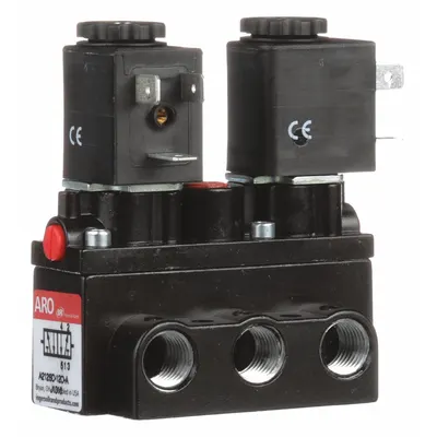ARO Solenoid Air Control Valve: Alpha, Four-Way / Two-Position, 120V AC, 1/4 in Female NPT - ARO Alpha Series Solenoid-Operated Inline Air Control Valves
