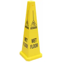This yellow plastic safety cone is designed for marking wet floors and caution areas in industrial facilities, warehouses, and commercial spaces. With a nominal sign size of 35 inches, it is non-retroreflective and does not glow in the dark, making it suitable for indoor or low-light environments where clear visual warnings are needed for pedestrian safety.