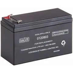 Sealed lead acid battery rated 12 V with 7.2 Ah capacity. Measures 4 in overall height and 6 in overall width. Used as a backup power source for emergency lighting and exit signs.