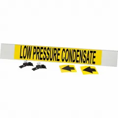 This pipe marker is designed for identifying low pressure condensate lines in industrial piping systems. It features a yellow fiberglass carrier-mounted design with black legend text and directional arrows, fitting pipe outer diameters of 8 inches and larger. Suitable for use in steam and HVAC applications where clear pipe content identification is required.