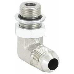 This rigid 90° elbow adapter connects metric and JIC male ports in hydraulic systems. Made of steel with NPTF threads, it provides a compact angled transition for fluid power lines in machinery and equipment where space is limited.