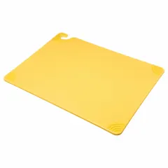 This yellow co-polymer cutting board measures 24 inches in length by 18 inches in width. It is NSF Certified for use as a food-contact surface in commercial food preparation environments. The color coding helps designate specific use zones to reduce cross-contamination risks.