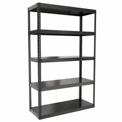 Extra-heavy-duty boltless shelving unit with solid steel decking and angle beam profile. Open side panel design. Black powder-coated finish. Maximum post load capacity of 6,000 lb with beams evenly spaced at 21 in. Suitable for industrial storage of palletized goods, bulk materials, and large equipment.