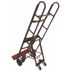 This ergonomic tilt-back steel hand truck is designed for moving heavy appliances and equipment in warehouses, retail, and delivery settings. It features a vertical dual-loop frame, red finish, 8-inch tread-on-core wheels, and a ratchet strap tightening type for secure load handling.