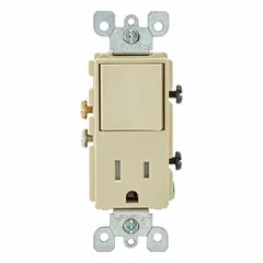 Combination rocker switch and 5-15R straight-blade outlet rated 15 A at 120V AC. Ivory finish. For residential and commercial wiring where a switch and receptacle are needed in a single gang box.