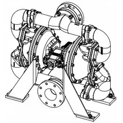 This air-operated double diaphragm pump features a stainless steel housing, 4-inch flange connections, and a flow capacity of 297 gpm. It is fitted with stainless steel seats and Santoprene check valves, suitable for handling abrasive, viscous, or shear-sensitive fluids in industrial transfer applications.