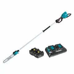 This battery-powered pole saw operates on a 36 V system with a 5.0 Ah battery. It features a 10 in blade and an 8 ft reach, suitable for trimming and pruning tree branches and overhead foliage from the ground.