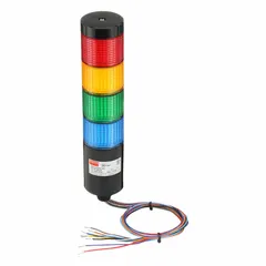 This four-tier tower light assembly from Dayton provides visual status indication with amber, blue, green, and red light tiers. It operates on 90 to 240V AC and has an overall height of 9 13/16 inches. Typical applications include signaling machine states such as run, idle, fault, or maintenance in industrial automation environments.