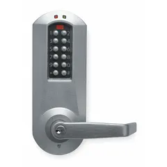 This SIMPLEX electronic keyless lockset provides keypad-based access control with a Schlage C Keyway for key override. The chrome-finished unit is ADA compliant, suitable for commercial and institutional doors requiring secure, code-based entry.