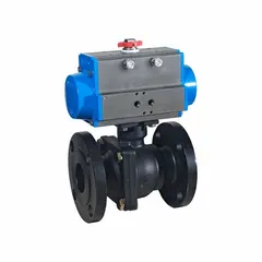 This pneumatically-actuated two-way ball valve features a carbon steel body with flange x flange connections. It is designed for on/off flow control in industrial piping systems handling fluids such as water, oil, gas, and chemicals. The valve operates with a pilot solenoid voltage of 110V AC.