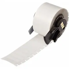Thermal transfer printable precut label roll with acrylic permanent adhesive. Each label measures 9/32 in x 1 in, 750 labels per roll. Designed for use with the Brady M710 printer (with Media Adapter). Suitable for industrial identification, asset tagging, cable labeling, and safety signage.
