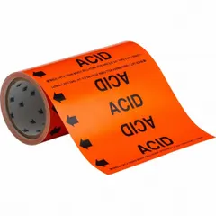 Orange adhesive pipe markers with black legend text reading 'Acid' and directional arrows. Each marker fits pipe outer diameters of 2 inches and smaller. Supplied on a roll of 30 markers for identifying acid-carrying pipes in industrial settings.