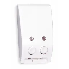 Wall-mount dispenser for soap, lotion, or other toiletries in commercial restrooms and industrial washrooms. Constructed of white ABS plastic with dimensions 10 1/2 in Ht, 6 1/8 in Wd, 3 3/4 in Dp. Suitable for high-traffic environments requiring corrosion and impact resistance.