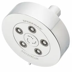 Fixed showerhead with multi-pattern spray, constructed from brass and plastic. Delivers a flow rate of 2.5 gpm. Suitable for use in residential or commercial shower installations.