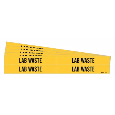 BRADY Pipe Marker: Lab Waste, Yellow, Black, Fits 3/4 to 2 3/8 in Pipe O.D., 4 Pipe Markers - Lab Waste Adhesive Pipe Markers