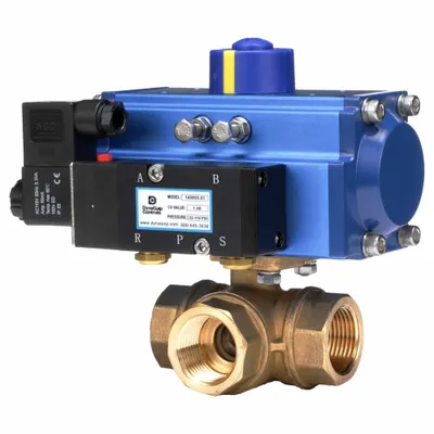 DYNAQUIP CONTROLS Pneumatically Actuated Three-Way Ball Valve: 2 in, Brass - L-Port Brass Pneumatically-Actuated Ball Valves