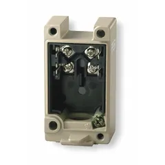This metallic receptacle box from OMRON's D4A-N series is designed to house and connect limit switch mechanisms in industrial automation and machinery safety applications. It features an EN50041 body with two mounting holes, an SPDT contact configuration, screw terminal connection, and a 1/2"-14 NPT conduit entry.