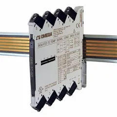 DIN rail mountable signal conditioner with pre-calibrated temperature ranges selectable via dip-switches. Converts thermocouple signals into isolated output for industrial control systems. Used in temperature monitoring and data acquisition applications.