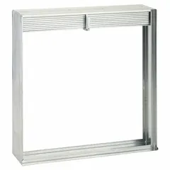 Rectangular fire damper with static gravity closure and curtain blade type. Designed for vertical mounting in fire-rated partitions to prevent flame and smoke spread through HVAC ductwork. Measures 23 3/4 inches high, 23 3/4 inches wide, and 3 3/4 inches long.