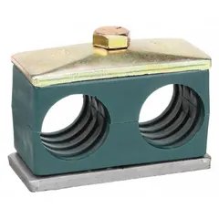 Steel clamp with polypropylene cushion designed to secure and dampen vibration for two parallel lines. The ribbed bore provides grip and reduces noise and wear on tubing. Suitable for industrial applications such as hydraulic, pneumatic, and power transmission systems.