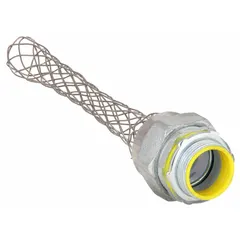 Insulated straight liquid-tight conduit fitting with strain relief, designed for terminating liquid-tight flexible metal conduit. Steel body with stainless steel construction, 1-1/4 in MNPT connection, and 6 in mesh length. Rated Class I, Division 2 for hazardous locations.