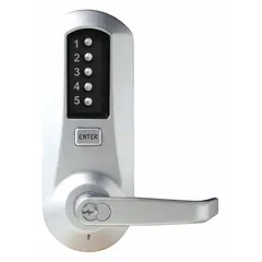 Mechanical push button lockset in chrome finish. ADA compliant. Key override compatible with Best and Equivalents 6 or 7 pin systems. Suitable for high-traffic commercial and institutional doors requiring keyless entry.