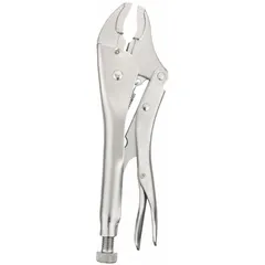 These curved-jaw locking pliers feature a quick-release mechanism for convenient one-hand operation. With a 10-inch overall length, 1 1/4-inch jaw length, and a maximum jaw opening of 1 7/8 inches, they are suited for clamping and gripping round or irregular workpieces in metalworking, fabrication, and maintenance tasks.