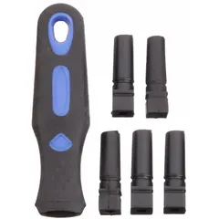 This rubber push-on file handle is designed for use with machinist files of 10 to 12 inches in length. It features a tapered design and interchangeable inserts for quick file changes. The handle has an overall length of 4 9/16 inches and provides a secure grip for filing tasks.