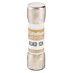 Fast-acting cylindrical fuse rated 12 A at 600 V AC and 600 V DC. Midget form factor with 13/32 in x 1 1/2 in dimensions. Used for overcurrent protection in control panels, power supplies, and industrial equipment where rapid response to short circuits is required.