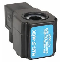 PLAST-O-MATIC solenoid valve coil for actuating solenoid valves in industrial fluid control systems. Operates at 120V AC with 11W power consumption. Features a Form A design, general-purpose enclosure with junction box, and 1/2" NPT conduit electrical connection.