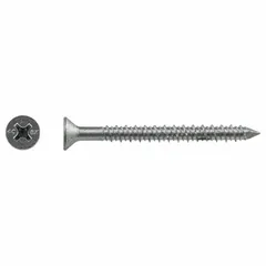 Self-threading concrete screw anchor with a flat Phillips head, made from 410 stainless steel. Removable design for securing fixtures, brackets, or equipment into concrete, block, or brick. Pack of 100.