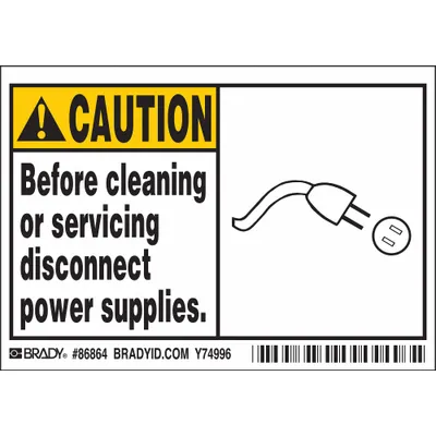 BRADY Caution Sign: Before cleaning or servicing disconnect power supplies - Caution: Before cleaning or servicing disconnect power supplies. Signs
