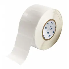 Vinyl, white matte precut label roll cartridge measuring 3 3/16 in x 1 29/32 in. Designed for wire gauges from 2 AWG to 300 AWG. Compatible with BBP81 printer series; requires IP-R4307 ribbon. Used for permanent wire and cable identification in industrial control panels, electrical installations, and maintenance environments.