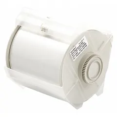 White gloss vinyl continuous label roll, 4 inches wide by 100 feet long, with outdoor durability and a removable, repositionable adhesive. Designed for use with the GlobalMark printer series to produce custom-length labels for temporary identification in industrial settings.