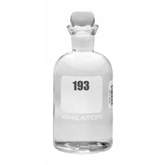 Glass bottle for biochemical oxygen demand testing in water quality analysis. Narrow mouth, colorless body, and pennyhead stopper closure. 300 mL capacity, 165 mm height. Meets ASTM/USP standards. Part of sequence 193-216.