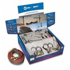 This gas welding outfit from SMITH EQUIPMENT is configured for acetylene service. It includes a regulator with a CGA 510 fuel connection. Suitable for cutting, heating, and welding tasks in metal fabrication and repair applications.