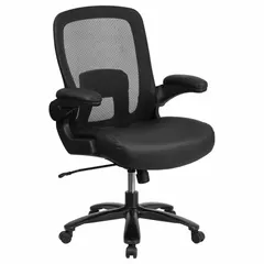 Fixed-arm office chair with flip-up seat, black faux leather and mesh material, and 26-inch back height. Suitable for industrial or commercial workspaces requiring durable seating for extended use.