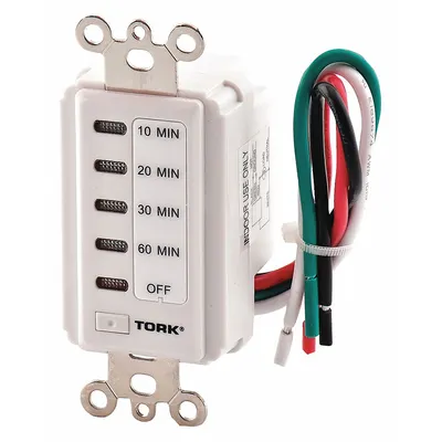 TORK Wall Switch Timer: 1 hr Max, 10 min Min, SPST, 120V AC, No Wall Plate Included - Digital Pre-Set Countdown Timers without Wall Plates