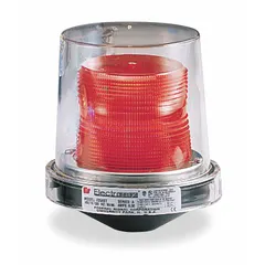 Red-lens multimode strobe light for hazardous locations. Operates on 120V AC. Overall height 7 1/2 in, diameter 5 1/2 in. Designed for pole-mount installation to provide visual warning in industrial environments.