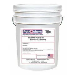 PETROCHEM PETRO-PLUS 46-005 is a mineral-based air compressor oil formulated for lubricating rotary screw, reciprocating, and vane compressors. Supplied in a 5-gallon pail, it has an SAE grade of 15, ISO viscosity grade of 46, and viscosity index of 126. This oil reduces friction, wear, and heat to help maintain compressor efficiency in industrial applications.