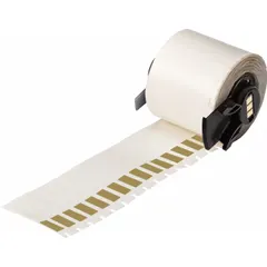 Precut vinyl label roll with brown matte finish, sized 1 1/2 in x 1/4 in, for wire gauges 10 AWG to 4 AWG. Compatible with M710 printer series and requires M61-R4310 ribbon. Used for permanent wire identification in industrial panel building, electrical maintenance, and OEM applications.